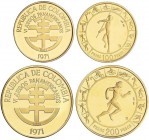WORLD COINS: COLOMBIA
Serie 2 monedas 100 y 200 Pesos. 1971-B. BOGOTÁ. 4,26 y 8,51 grs. AU. VI Juegos Panamericanos. Fr-130, 131; KM-248, 249. PROOF....
