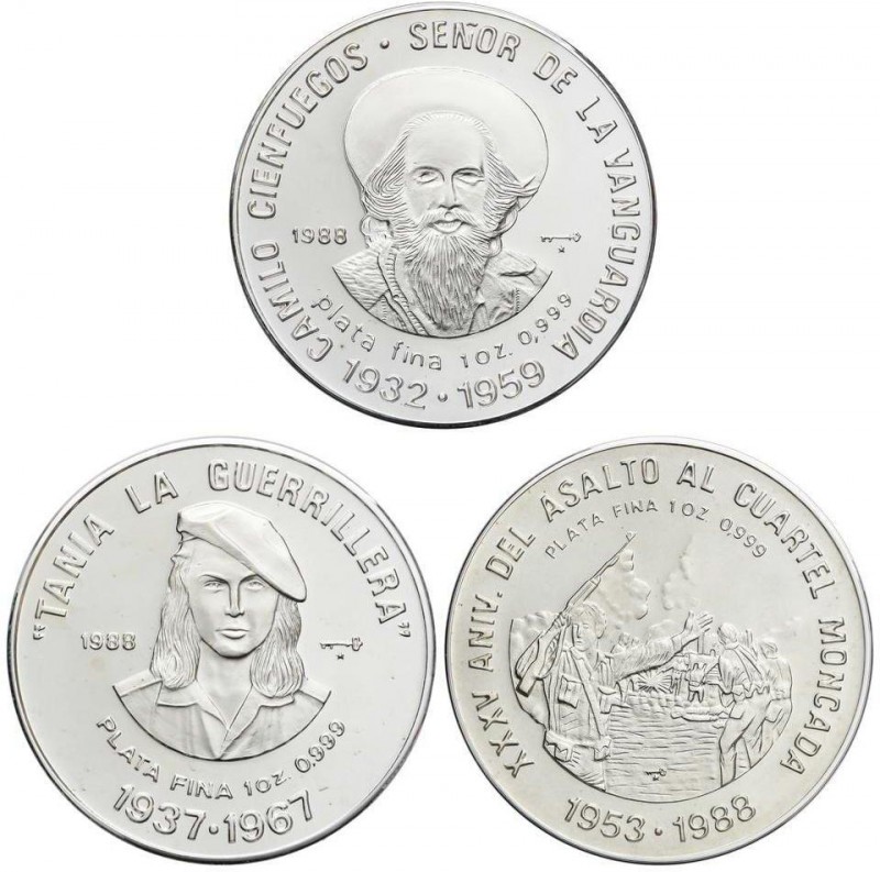 WORLD COINS: CUBA
Lote 3 monedas 10 Pesos. 1988. AR. Tania la guerrillera, Cami...