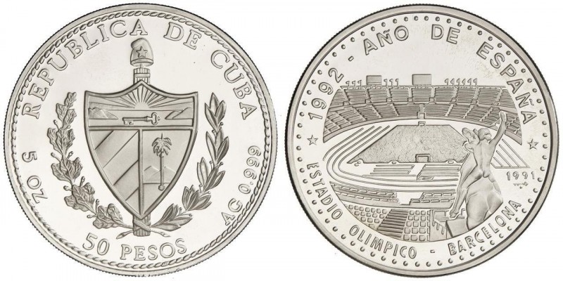 WORLD COINS: CUBA
50 Pesos. 1991. 155,51 grs. AR. Año de España - Estadio Olímp...