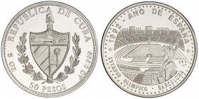 WORLD COINS: CUBA
50 Pesos. 1991. 155,51 grs. AR. Año de España - Estadio Olímpico de Barcelona`92. Tirada: 1.050 piezas. KM-343. PROOF.