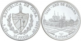 WORLD COINS: CUBA
50 Pesos. 1992. 155,44 grs. AR. Año de España - El Escorial de Madrid. Tirada máxima: 250 piezas. ESCASA. KM-No cat. PROOF.
