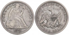 WORLD COINS: UNITED STATES
1 Dólar. 1870-CC. CARSON CITY. 26,4 grs. AR. Libertad sentada. Tirada 12.462 piezas. Pátina . MUY RARA. KM-100. MBC-.