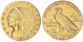 WORLD COINS: UNITED STATES
2 1/2 Dólares. 1909. 4,13 grs. AU. Tipo Indio. (Prueba de metal en canto. Descolgada). Fr-120; KM-128. (MBC+).