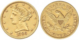 WORLD COINS: UNITED STATES
5 Dólares. 1886. 8,31 grs. AU. Coroned Head. Fr-145; KM-101. MBC+.