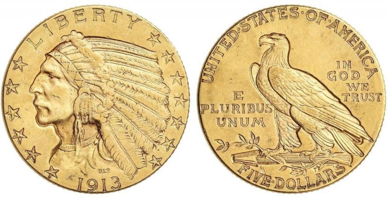 WORLD COINS: UNITED STATES
5 Dólares. 1913. 8,35 grs. AU. Tipo Indio. Fr-148; K...