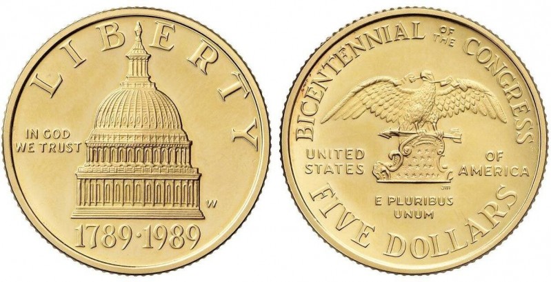 WORLD COINS: UNITED STATES
5 Dólares. 1989-W. WASHINGTON. AU. Bicentenario Cong...