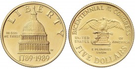 WORLD COINS: UNITED STATES
5 Dólares. 1989-W. WASHINGTON. AU. Bicentenario Congreso. KM-226. PROOF.