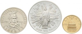WORLD COINS: UNITED STATES
Serie 3 monedas 1/2, 1 y 5 Dólares. 1989. SAN FRANCISCO (2) y WEST POINT. CuNi, AR y AU. Bicentenario Congreso. 1/2 y 1 Dó...