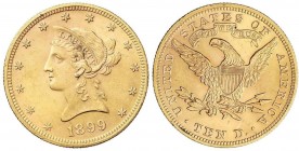 WORLD COINS: UNITED STATES
10 Dólares. 1899. 16,70 grs. AU. Coronet Head. Brillo original. Fr-158; KM-102. EBC-/EBC.