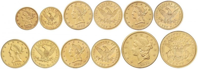 WORLD COINS: UNITED STATES
Lote 6 monedas 5, 10 (4) y 20 Dólares. 1880 a 1901. ...