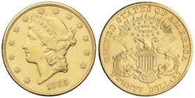 WORLD COINS: UNITED STATES
20 Dólares. 1905-S. SAN FRANCISCO. 33,41 grs. AU. Coronet Head. Fr-178; KM-74.3. MBC+/EBC-.