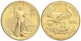 WORLD COINS: UNITED STATES
50 Dólares. 1990. 33,96 grs. AU. Fecha en números romanos. Saint-Gaudens. (Levísimo golpecito en reverso). Fr-B1; KM-219. ...