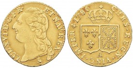 WORLD COINS: FRANCE
Louis d´Or à la Tête Nue. 1786-A. LUIS XVI. PARÍS. 7,56 grs. AU. (Marquitas y golpecito en anverso). Fr-474; KM-591.1. MBC+.