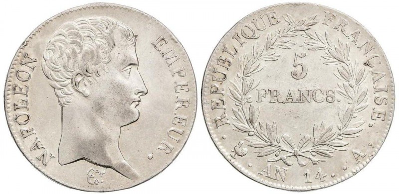 WORLD COINS: FRANCE
5 Francos. An 14-A. NAPOLEÓN EMPEREUR. PARÍS. 24,82 grs. AR...