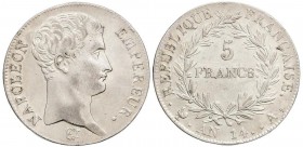 WORLD COINS: FRANCE
5 Francos. An 14-A. NAPOLEÓN EMPEREUR. PARÍS. 24,82 grs. AR. (Ligeras rayitas). KM-662.1. EBC-.