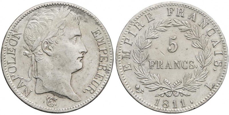 WORLD COINS: FRANCE
5 Francos. 1811-L. NAPOLEÓN EMPEREUR. BAYONA. 24,94 grs. AR...