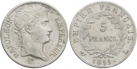 WORLD COINS: FRANCE
5 Francos. 1811-L. NAPOLEÓN EMPEREUR. BAYONA. 24,94 grs. AR. (Rayitas). ESCASA. KM-694.9. EBC-.