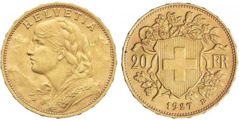 WORLD COINS: SWITZERLAND
20 Francos. 1927-B. BERNA. 6,44 grs. AU. Helvetia. Fr-...