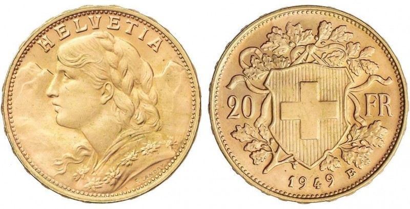 WORLD COINS: SWITZERLAND
20 Francos. 1949-B. BERNA. 6,45 grs. AU. Helvetia. Fr-...