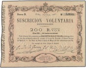 SPANISH BANK NOTES: ANCIENT
Suscrición Voluntaria 200 Reales de Vellón. 30 Mayo 1870. CARLOS VII, PRETENDIENTE. LA TOUR DE PEILZ. Ed-197. EBC.