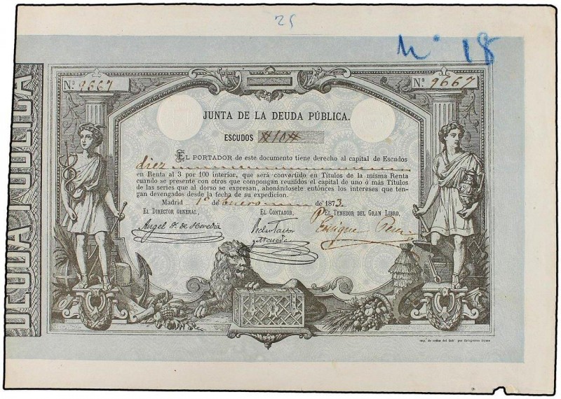 SPANISH BANK NOTES: ANCIENT
10 Escudos. 1 Enero 1873. JUNTA DE LA DEUDA PUBLICA...