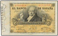 SPANISH BANK NOTES: BANCO DE ESPAÑA
25 Pesetas. 1 Junio 1889. BANCO DE ESPAÑA. Goya. (Pequeñas restauraciones). Ed-297. (EBC-).