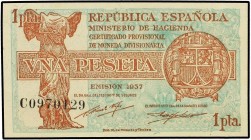 SPANISH BANK NOTES: CIVIL WAR, REPUBLICAN ZONE
1 Peseta. Emisión 1937. Serie C. (Arruga). ESCASO. Ed-392a. SC-.