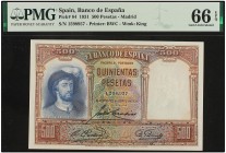 SPANISH BANK NOTES: CIVIL WAR, REPUBLICAN ZONE
500 Pesetas. 25 Abril 1931. Elcao. Precintado y garantizado por PMG (nº 8466E1906992013G) como 66 GEM ...