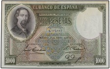 SPANISH BANK NOTES: CIVIL WAR, REPUBLICAN ZONE
1.000 Pesetas. 25 Abril 1931. Zorrilla. (Manchas de humedad en la parte superior y pequeño corte en la...