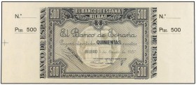 SPANISH BANK NOTES: CIVIL WAR, REPUBLICAN ZONE
500 Pesetas. 1 Enero 1937. EL BANCO DE ESPAÑA. BILBAO. Antefirma: Caja de Ahorros y Monte de Piedad Mu...