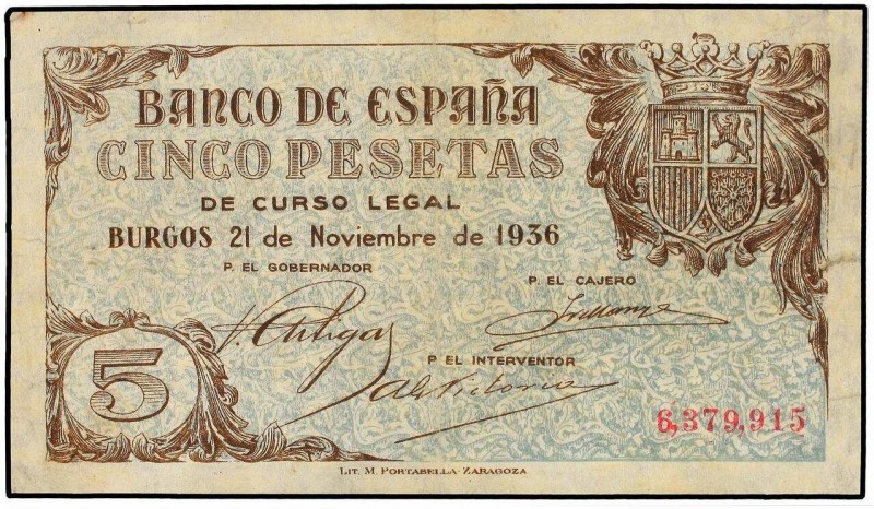 SPANISH BANK NOTES: ESTADO ESPAÑOL
5 Pesetas. 21 Noviembre 1936. (Leves reparac...