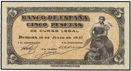 SPANISH BANK NOTES: ESTADO ESPAÑOL
5 Pesetas. 18 Julio 1937. Portabella. Serie C. Ed-424a. SC.