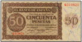 SPANISH BANK NOTES: ESTADO ESPAÑOL
50 Pesetas. 21 Noviembre 1936. (Levísima doblez en esquina inferior izquierda). Ed-420a. SC.