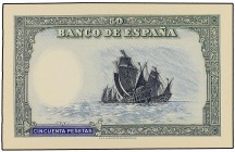 SPANISH BANK NOTES
Prueba de reverso de un billete NO EMITIDO de 50 Pesetas. S/F (1937 CA). En colores diferentes a los vendidos anteriormente. Ejemp...