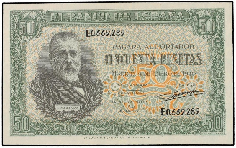 SPANISH BANK NOTES: ESTADO ESPAÑOL
50 Pesetas. 9 Enero 1940. Menéndez Pelayo. (...