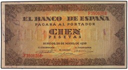 SPANISH BANK NOTES: ESTADO ESPAÑOL
100 Pesetas. 20 Mayo 1938. Casa del Cordón. Serie F. Ed-432a. SC.