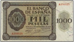 SPANISH BANK NOTES: ESTADO ESPAÑOL
1.000 Pesetas. 21 Noviembre 1936. Alcázar de Toledo. Serie A. Ed-423. SC-.