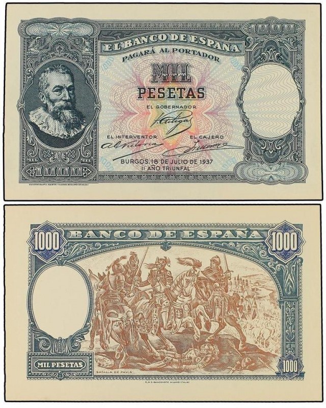 SPANISH BANK NOTES
Prueba de anverso y reverso 1.000 Pesetas. 18 Julio 1937. Ál...