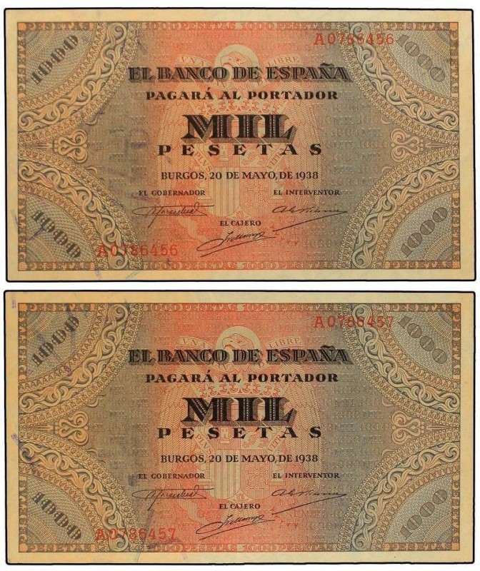 SPANISH BANK NOTES: ESTADO ESPAÑOL
Lote 2 billletes 1.000 Pesetas. 20 Mayo 1938...