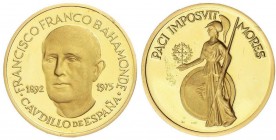 SPANISH MEDALS
Francisco Franco. 1975. 7,01 grs. AU. Oro de ley 875 milésimas. Ø 24 mm. Busto del caudillo de frente. PACI IMPOSVIT MORES. Atenea. PR...