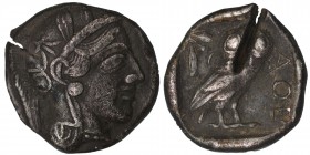 Attica, Athens, Tetradrachm, ca. 454-404 BC. 
AR, Helmeted head of Athena r.; Rv. AΘE, Owl standing r., head facing; olive sprig behind; all within i...