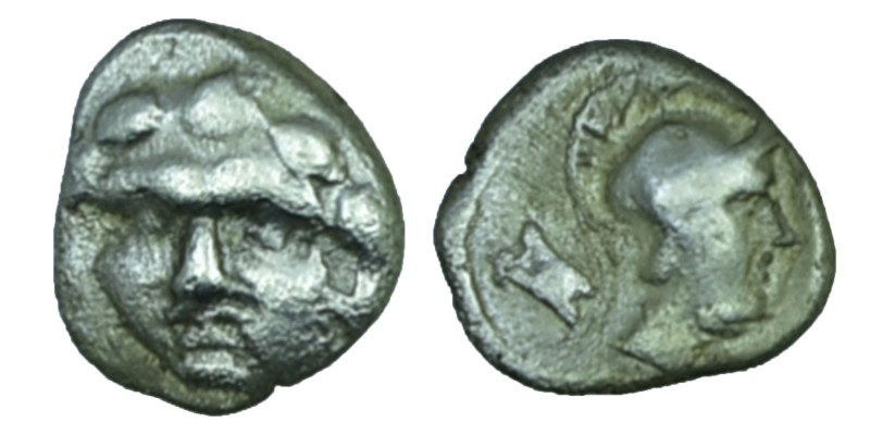 Pisidia, Selge AR Obol. Circa 350-300 BC. 
Gorgoneion / Helmeted head of Athena...