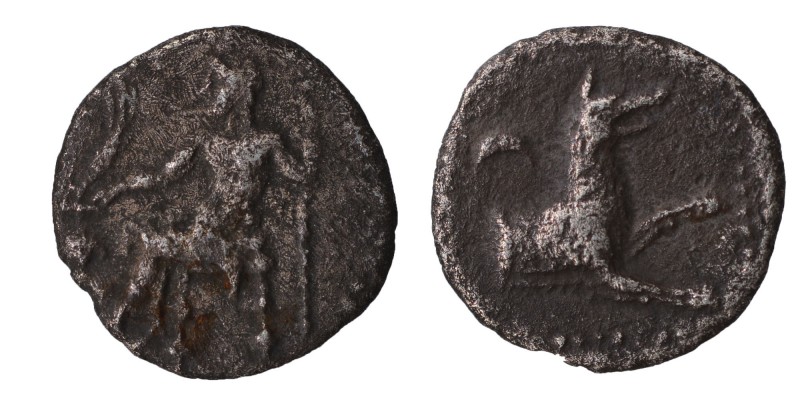 Cilicia, Tarsos. Mazaios (361-334 BC).
AR Obol, Obv. Zeus-Baal seated left, hol...
