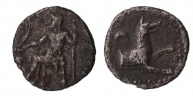 Cilicia, Tarsos. Mazaios (361-334 BC).
AR Obol, Obv. Zeus-Baal seated left, holding Nike and sceptre; before, bunch of grapes. Rev. Forepart of wolf ...