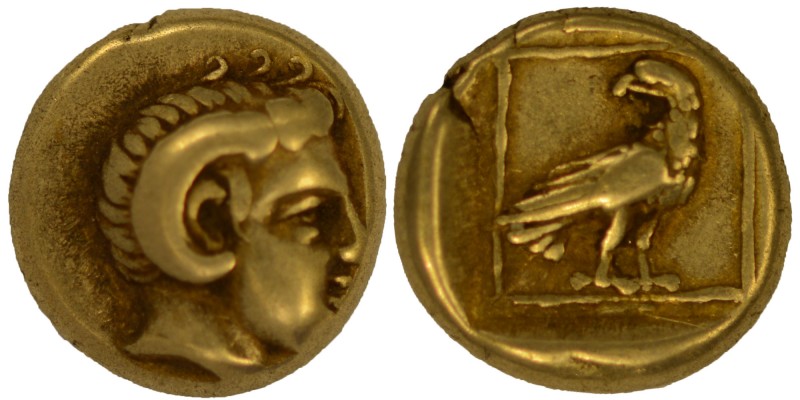 Greek, Lesbos, c. 330 BC, EL Hekte, Mytilene
Obverse: Head of Apollo Karneios r...
