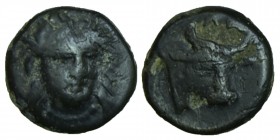 AEOLIS. Larissa Phrikonis. Ae (4th century BC). 
Obv: Horned head of river god facing slightly right.
Rev: ΛΑ. Head and neck of bull right, head fac...