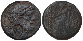 Syria, Seleucus and Pieria, Antioch Æ Tetrachalkon. 1st century BC. 
Laureate head of Zeus right / Zeus Nikephoros seated left on throne, holding sce...