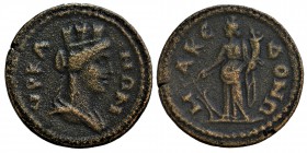Lydia. Hyrkaneis. Pseudo-autonomous issue AD 198-276.
Bronze Æ, YRKANΩΝ, draped and turreted bust of Tyche right / ΜΑΚΕΔΟΝ, Tyche standing facing, he...