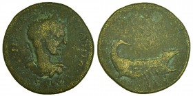 SPAIN, Saguntum. Tiberius. AD 14-37. Æ Bare head right / Galley sailing right; RPC I 202; Condition Very Good 6.7 gr. 11.5 mm.