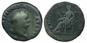 Titus as Caesar; (70-79 AD)
Denarius; Rome, c. 77-8 AD, Denarius, Obv: T CAESAR - VESPASIANVS Head laureate r. Rx: [AN]NONA - AVG Annona seated l. ho...